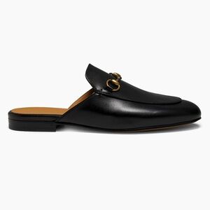 GUCCI PRINCETOWN Black Leather Loafer Mules w gold tone Horsebit Detail. Size 8